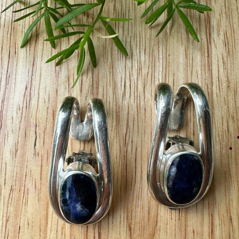 VTG Taxco Mexico Clip Earrings 1.5 Inch Blue Sodalite Gems 925 Sterling 22.4g